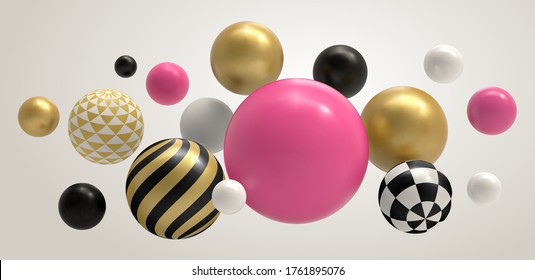 Realistic abstract 3D ball. Geometric memphis composition, geometrical basic sphere colored concept vector background illustration. Sphere ball and bubble color multicolored pattern ball