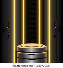 Realistic abstract 3D vector room metal stand podium cyber futuristic technology yellow light wall scene stage product display.