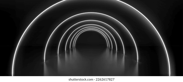 Realistic abstract black room with white neon arches. Vector illustration of dark corridor or stage perspective decorated with led line illumination for concert, fashion show. Futuristic space gate