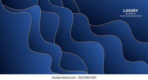 Realistic abstract blue wave background. Simple wave shadow pattern with golden lines. Vector eps10