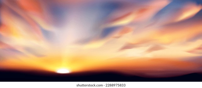 Realistic abstract evening twilight sunset sky with cloud. 3d morning sunrise soft gradient horizontal panorama. Beautiful cloudy dawn outdoor skyscape backdrop with sunshine and blurred terrain scene