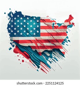 Realistic abstract flag of USA in the form of a map of america, independence day of the country, national traditions - Vector illustration