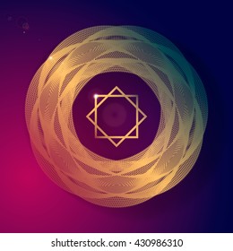 Realistic abstract gold object with polygram, flare and gradient purple background.