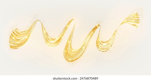 Realistic abstract gold ribbon. Yellow metallic swirl line. Luxury golden flow background. Modern brushstroke tape. Elegant sparkling wave. Vector illustration EPS10
