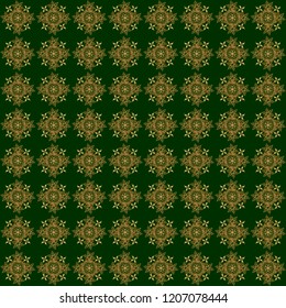 Realistic abstract golden seamless pattern. Elegant light and shine vector template on green background. Metallic elements for frame, ribbon, banner, mandalas. Vector golden gradient seamless texture.