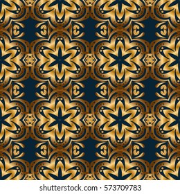 Realistic abstract golden seamless pattern. Elegant light and shine vector template on blue background. Vector golden gradient seamless texture. Metallic elements for frame, ribbon, banner, mandalas.