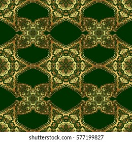 Realistic abstract golden seamless pattern. Elegant light and shine vector template on green background. Vector golden gradient seamless texture. Metallic elements for frame, ribbon, banner, mandalas.