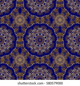 Realistic abstract golden seamless pattern. Elegant light and shine vector template on blue background. Vector golden gradient seamless texture. Metallic elements for frame, ribbon, banner, mandalas.