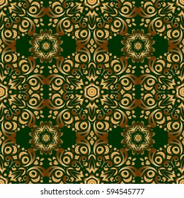 Realistic abstract golden seamless pattern. Elegant light and shine vector template on green background. Vector golden gradient seamless texture. Metallic elements for frame, ribbon, banner, mandalas.