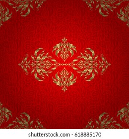 Realistic abstract golden seamless pattern. Metallic elements for frame, ribbon, banner, mandalas. Elegant light and shine vector template on red background. Vector golden gradient seamless texture.