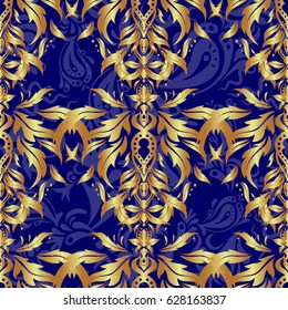 Realistic abstract golden seamless pattern. Elegant light and shine vector template on blue background. Vector golden gradient seamless texture. Metallic elements for frame, ribbon, banner, mandalas.