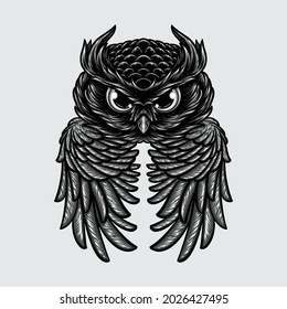 realistic abstract owl with wings black and white illustration design