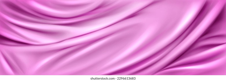 Realistic abstract pink silk background. Vector illustration of satin fabric texture with smooth drapery surface. Soft bedding material with waves pattern. Luxury bed sheet top view. Elegant textile