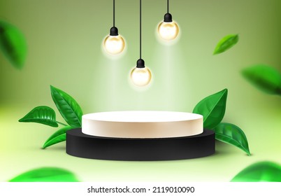 Realistic abstract podium. Background with pedestal and green leaves for beauty and cosmetic products. Vector illustration
