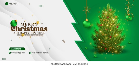 Realistic abstract poster design with Xmas tree, ribbon, light effect, snow, and ball. Merry Christmas design. Christmas and Happy New Year green color background banner design template. Winter 