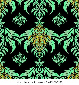 Realistic abstract seamless pattern. Metallic elements for frame, ribbon, banner, mandalas. Elegant yellow and green vector template on black background. Vector gradient seamless texture.