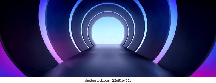 Realistic abstract tunnel with light at end. Vector illustration of futuristic neon blue and purple illuminated arches, long corridor or stage perspective. Spacecraft interior. Fashion show catwalk