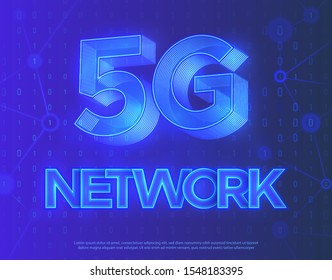 Realistic abstract vector illustration. Deep blue background.  Innovative 5th Generation network technology, high speed mobile internet. Modern 3D blue neon soft light.