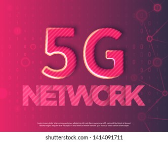 Realistic abstract vector illustration. Red binary code style background.  Innovative 5th Generation network technology. High speed mobile internet network. Modern 3D metallic symbol 5g.