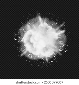 Realistic abstract white explosion effect. Powder or dust cloud or white burst splash isolated on dark transparent background.