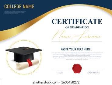 Realistic academic certificate of graduation template with text field vector illustration