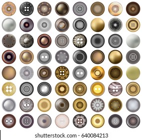 Realistic Accessories Metal Jeans Round Button or Rivets Set Web Design Element. Vector 3d illustration isolated on white. Mega collection of old vintage sewing buttons.