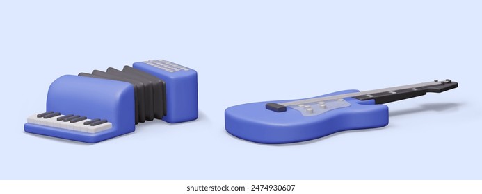 Realistic accordion, electric guitar. Blue musical 3D instruments in lying position
