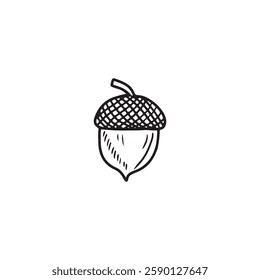 Realistic acorn drawing with cap in black isolated on white background. Hand drawn vector sketch illustration in doodle engraved vintage line art style. Autumn symbol, floral, oak tree