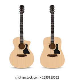 Realistic acoustic guitar grand auditorium and dreadnought shape isolated on white background, vector illustration