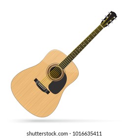 Realistic acoustic guitar isolated on white background.  Classic guitar. Classical musical instrument. Dreadnought.