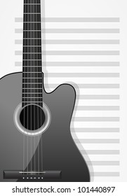realistic acoustic guitar with musical sheets as background