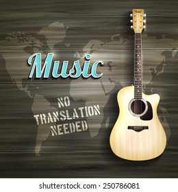 Realistic Acoustic Guitar On Wooden Background With World Map Vector Illustration