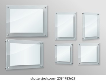 Realistic acrylic glass window with wide frame mockup isolated set. Transparent plastic rectangle signboard with copy space vector illustration