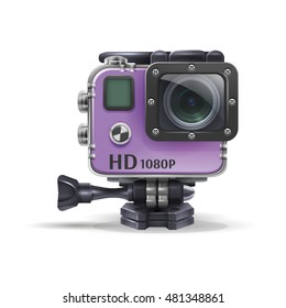 Realistic action cam in waterproof box. Vector illustration on white background.