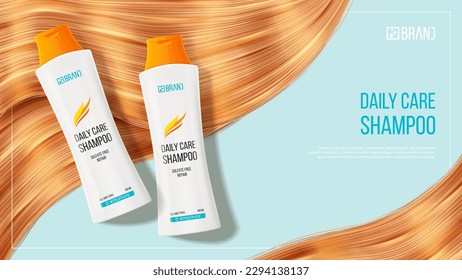 Realistic ad banner of hair shampoo or conditioner. 3d vector illustration of cosmetic product. Realistic bottles and hair strands for promotion of female shampoo. Promo of beauty product advertising.