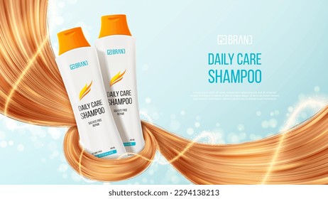 Realistic ad banner of hair shampoo or conditioner. 3d vector illustration of cosmetic product. Realistic bottles and hair strands for promotion of female shampoo. Beauty product advertising.