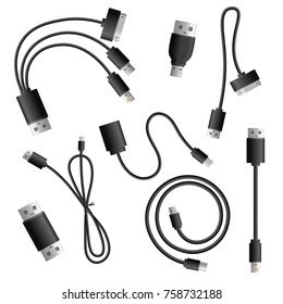 Realistic adapter cable connectors types collection of isolated data exchange and multimedia adapter computer cable images vector illustration