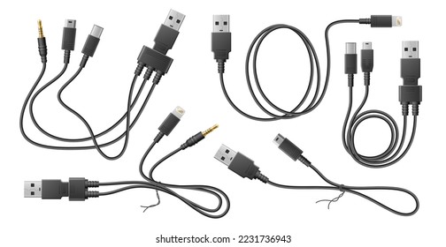 Realistic adapter cables. Black flexible wires with usb different types connectors, curved electronic chargers adapters, 3d elements. Mini and micro lightning, microusb utter vector set