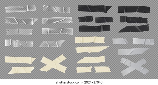 Realistic adhesive tape, paper masking strips, transparent stickers. Black sticky duct tapes with torn edges, crumpled scotch pieces vector set. Transparent, gray and beige sticky patch