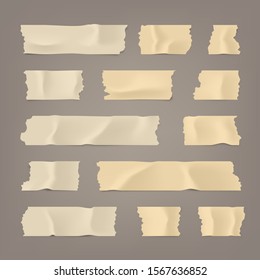 Realistic adhesive tape set. Sticky scotch, duct paper strips on brown background. Vector illustration.