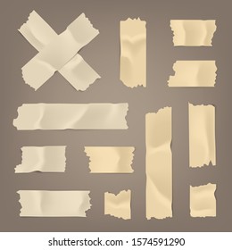 Realistic adhesive tape set. Sticky scotch, duct paper strips on brown background. Vector illustration.