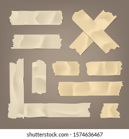 Realistic adhesive tape set. Sticky scotch, duct paper strips on brown background. Vector illustration.