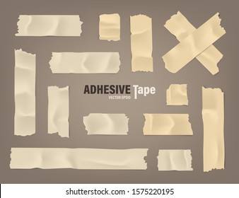 Realistic adhesive tape set. Sticky scotch, duct paper strips on brown background. Vector illustration.