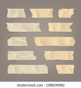 Realistic adhesive tape set. Sticky scotch, duct paper strips on brown background. Vector illustration.