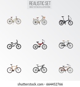 Realistic Adolescent, Brand , Extreme Biking Vector Elements. Set Of Bike Realistic Symbols Also Includes Vintage, Timbered, Wooden Objects.