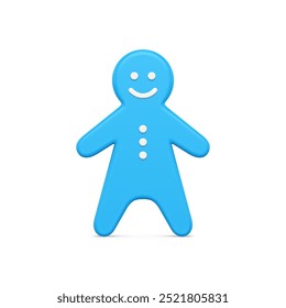 Realistic adorable funny gingerbread character blue metallic glossy Xmas toy with white decorative elements vector illustration. Luxury Christmas bauble cheerful fairy tail man 3d template isolated