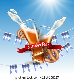Realistic advertisement template splash of foam and beer from a glass cup, Bretzel, Bavarian flag, national German tradition, Oktoberfest stock illustration.