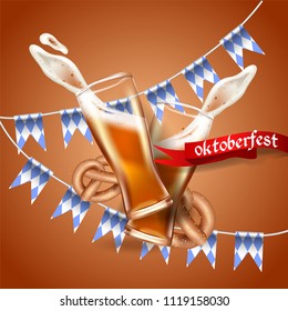 Realistic advertisement template splash of foam and beer from a glass cup, Bretzel, Bavarian flag, national German tradition, Oktoberfest stock illustration.