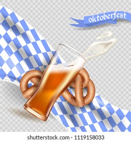 Realistic advertisement template splash of foam and beer from a glass cup, Bretzel, Bavarian flag, national German tradition, Oktoberfest stock illustration.