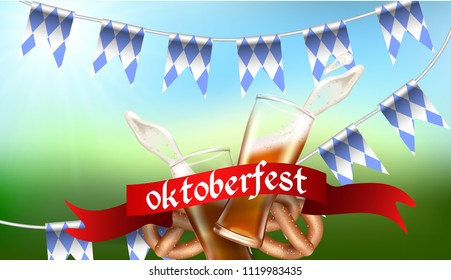 Realistic advertisement template splash of foam and beer from a glass cup, Bretzel, Bavarian flag, national German tradition, on beatiful blured background Oktoberfest stock illustration.